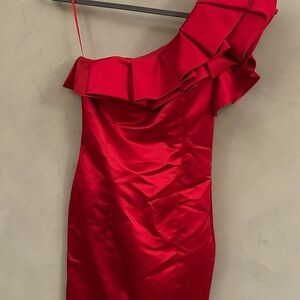 ASHLEY Lauren  Red One-Shoulder Ruffle Cocktail Dress